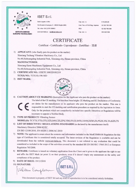 China Xinxiang Techang Vibration Machinery Co.,Ltd. Certificações